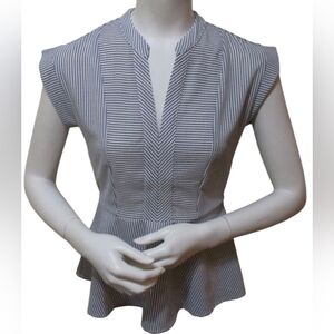 Monteau White and Blue Peplum Blouse with Cap Sleeves - Size Small
